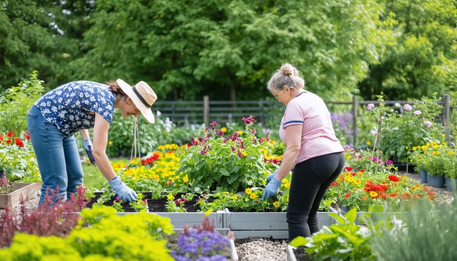 Diverse group of neighbors working together in a vibrant community garden with raised beds