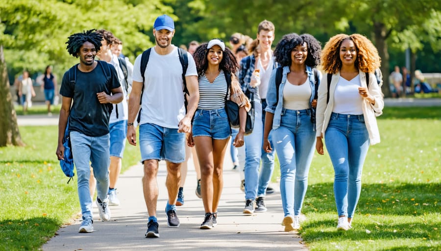 Multi-generational neighborhood walking group enjoying exercise together on a tree-lined path