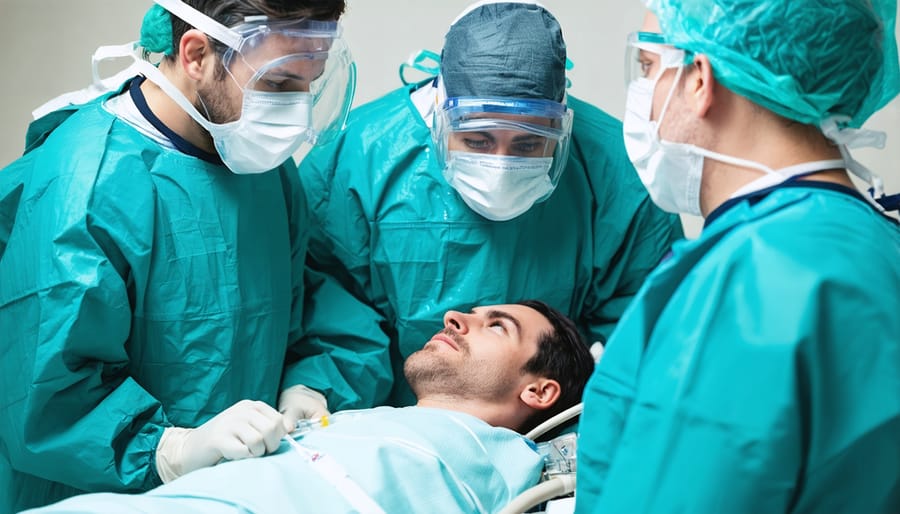 Healthcare workers in PPE attending to patient on ventilator support