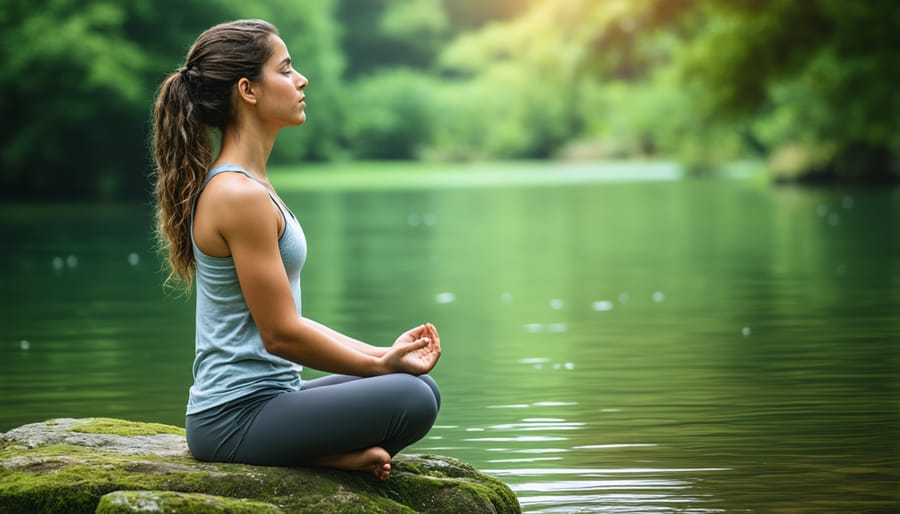 Individual sitting cross-legged outdoors performing deep breathing exercises