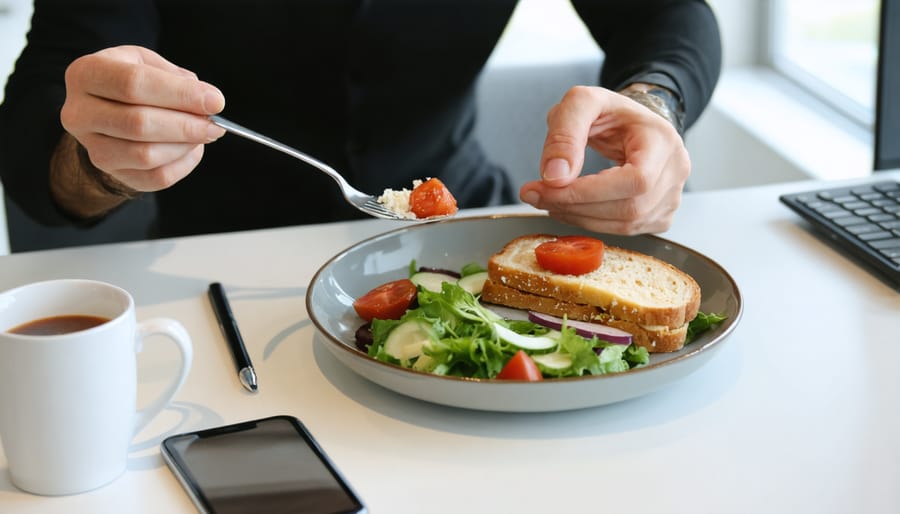 Professional enjoying a nutritious lunch bowl with quinoa, vegetables, and protein at their office desk