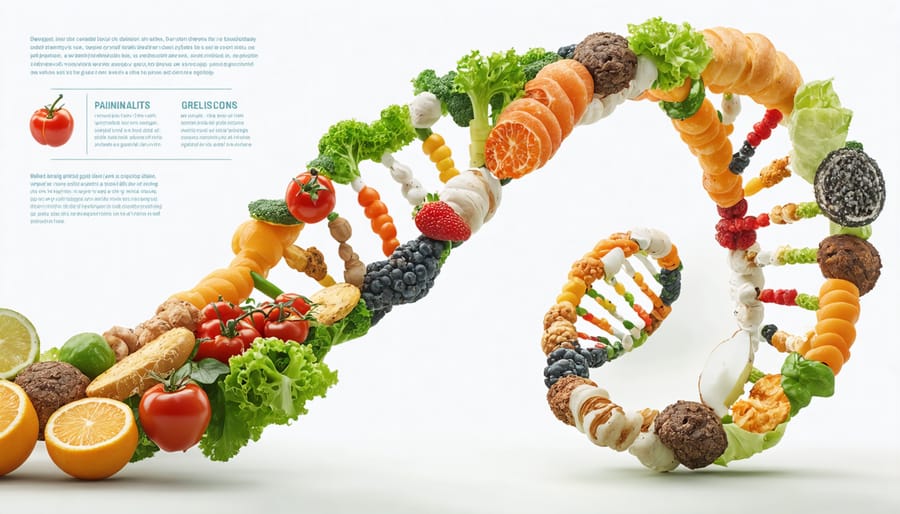 Artistic representation of DNA structure containing images of healthy foods