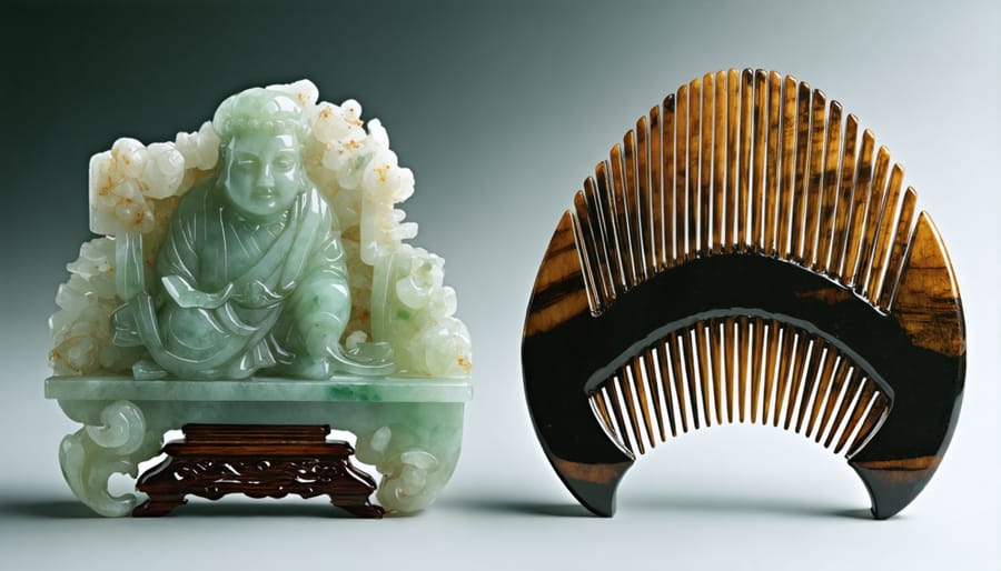 Comparison showing characteristics of authentic and counterfeit jade combs