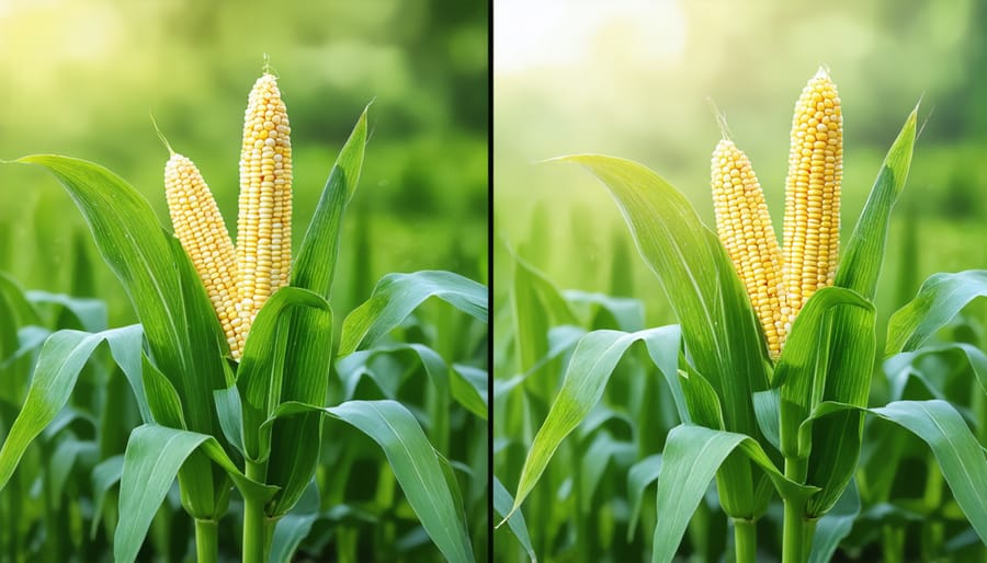 Side-by-side comparison of traditional and GMO corn plants showing growth differences