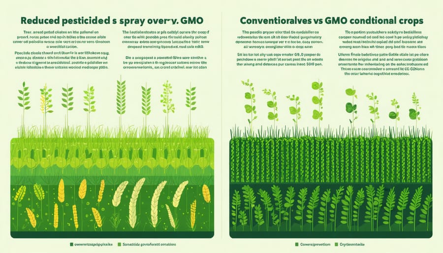 Visual representation of decreased pesticide usage in GMO farming compared to conventional farming