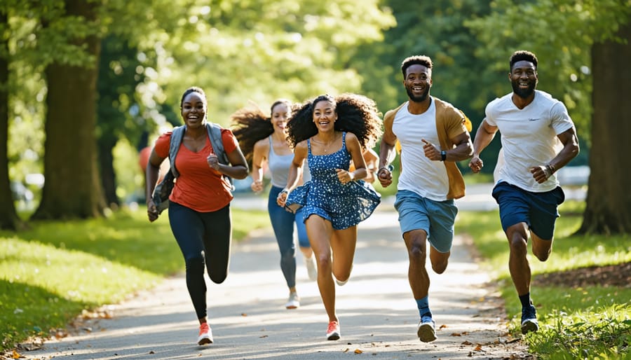 Diverse group of runners enjoying a morning jog together in a park setting