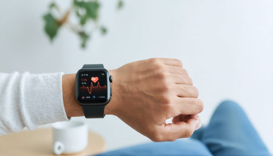 Smartwatch showing multiple health monitoring features including heart rate and ECG data