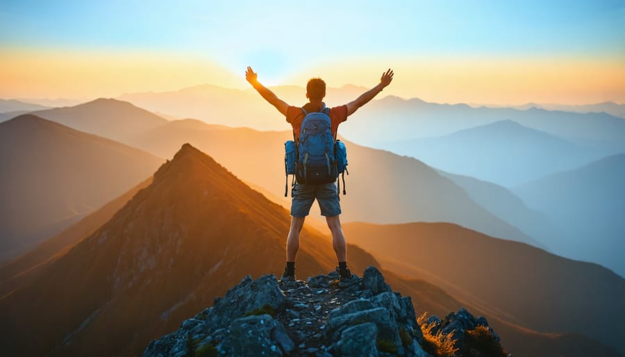 Person celebrating on mountain peak with arms raised against scenic sunrise backdrop