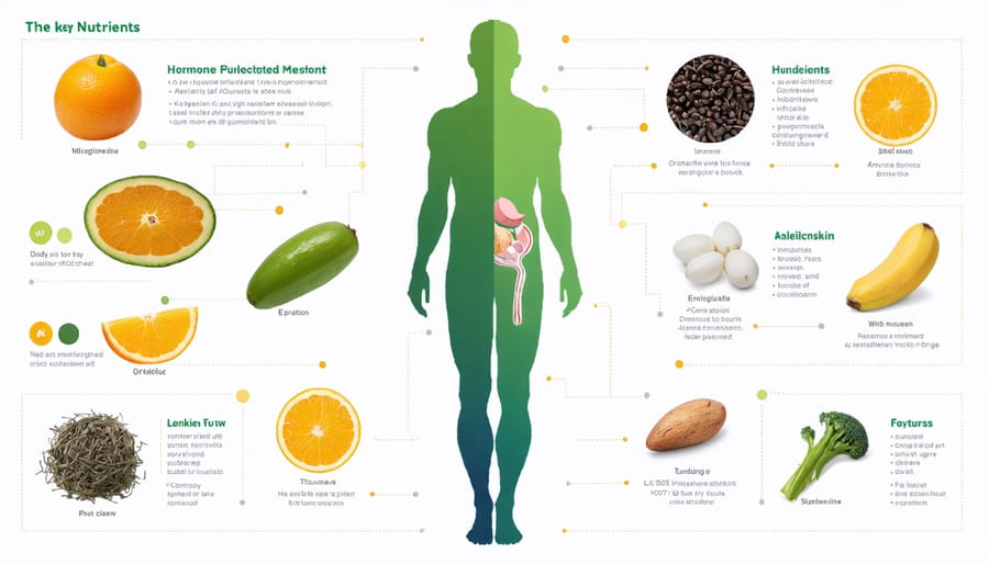 Diagram illustrating essential nutrients and their connections to different hormones in the human body