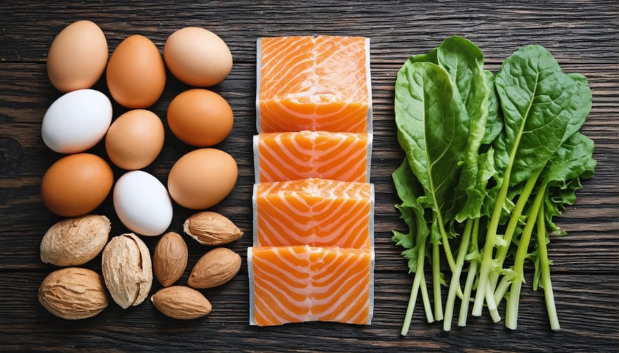 Healthy foods that support natural hormone production in men, including salmon, eggs, nuts, and vegetables