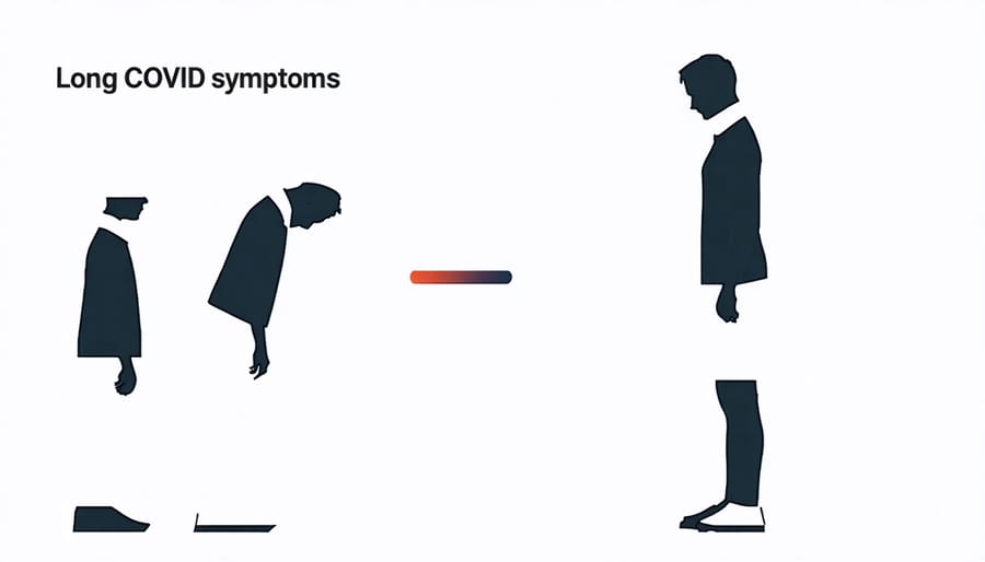 Visual representation of multiple Long COVID symptoms including fatigue, brain fog, and respiratory issues