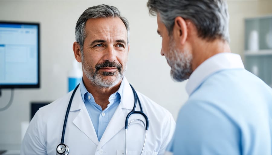 Doctor performing health screening examination on male patient