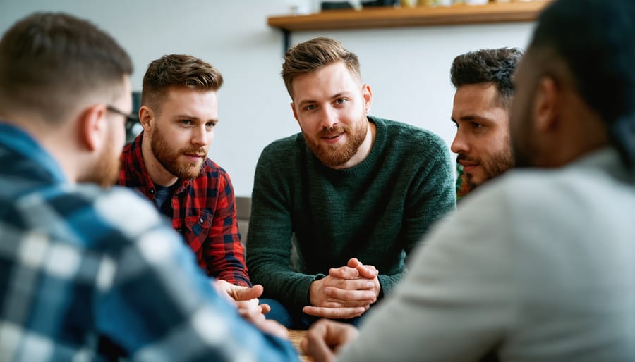 Diverse group of men sitting in a circle during a support group meeting