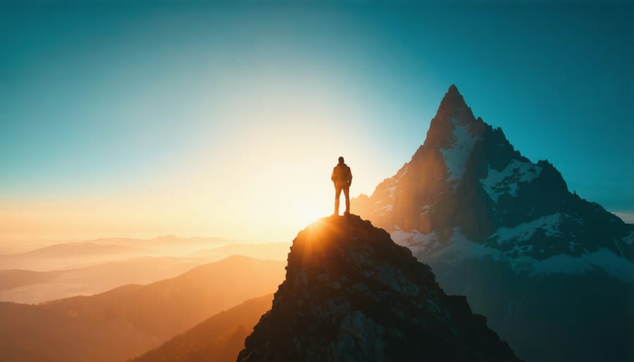 Silhouette of a man standing confidently at a mountain peak during sunrise