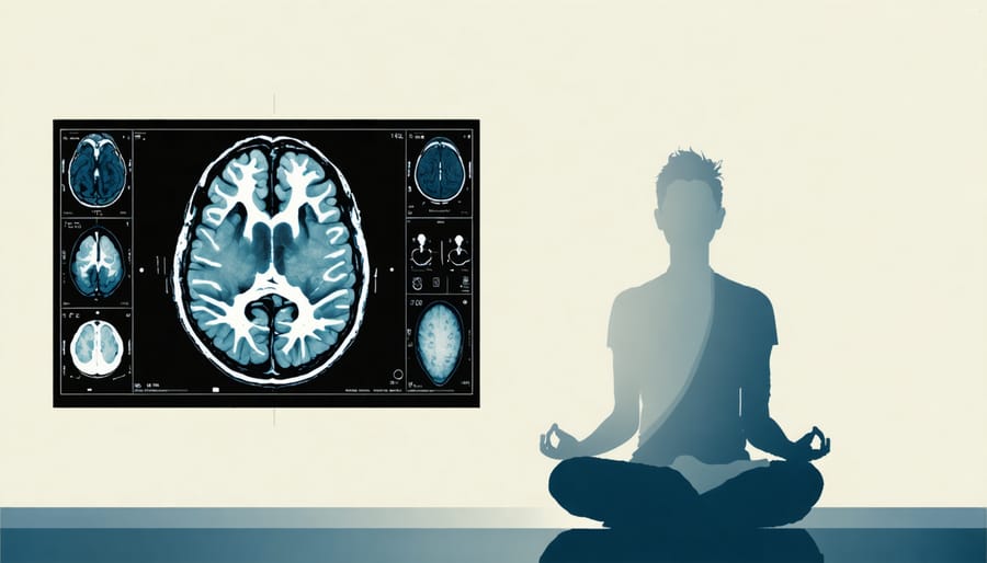 Side-by-side comparison of brain activity scan and person meditating in lotus position