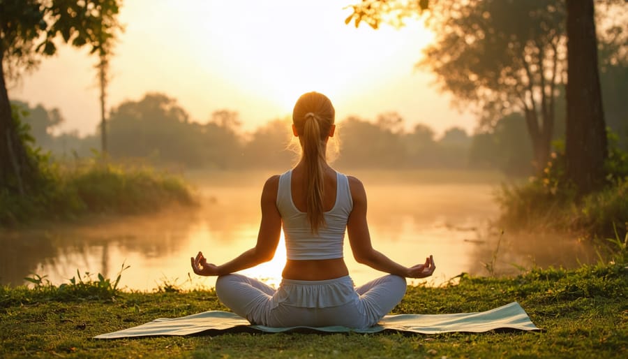 Peaceful yoga pose being performed on a yoga mat during sunrise