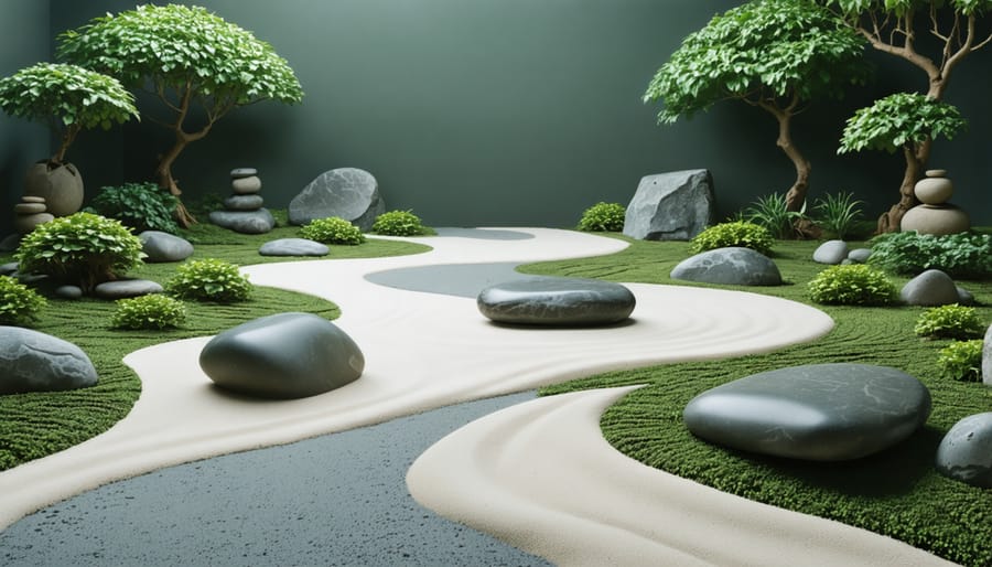 Minimalist Japanese zen garden with raked sand patterns and carefully placed stones