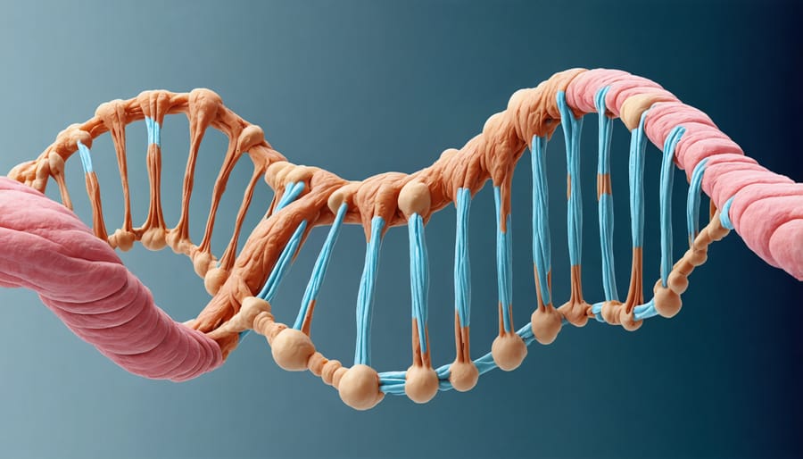 Scientific diagram of muscle fiber hypertrophy showing protein synthesis at cellular level