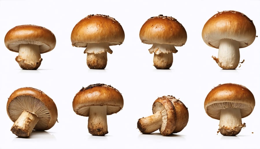 Four-panel image demonstrating different mushroom cooking techniques and their visual results