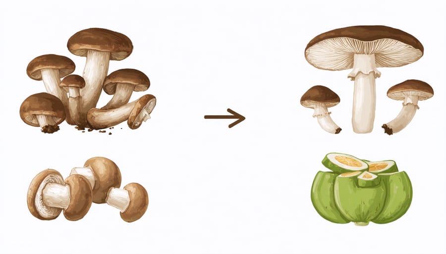 Visual chart displaying key nutritional values of mushrooms in raw versus cooked states, with percentage changes