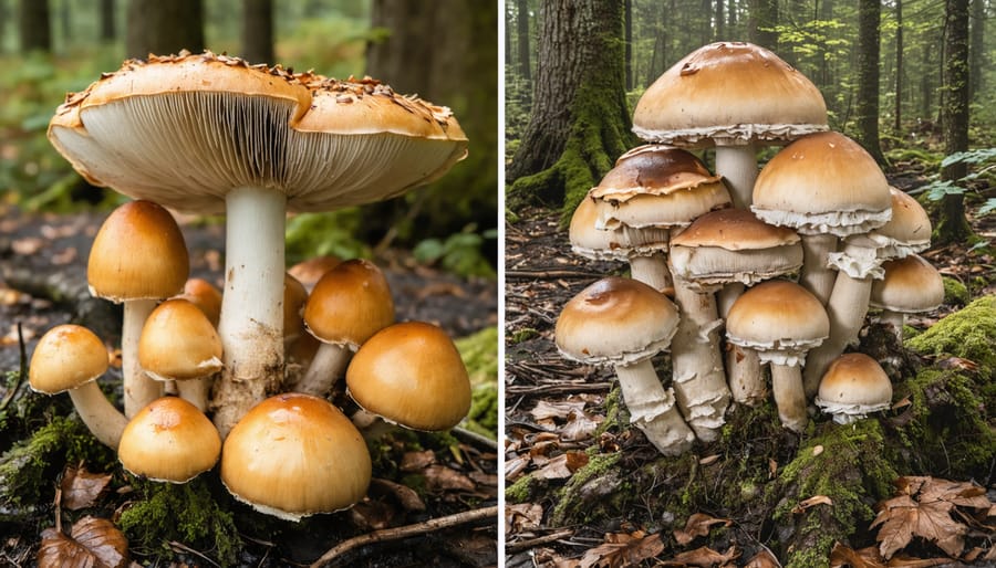 Side-by-side comparison of fresh mushrooms and spoiled mushrooms with visible mold and discoloration