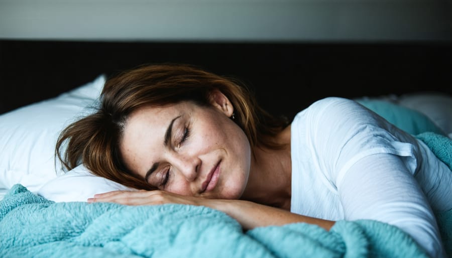 Middle-aged woman sleeping in a dark, cool room with blackout curtains and proper bedding