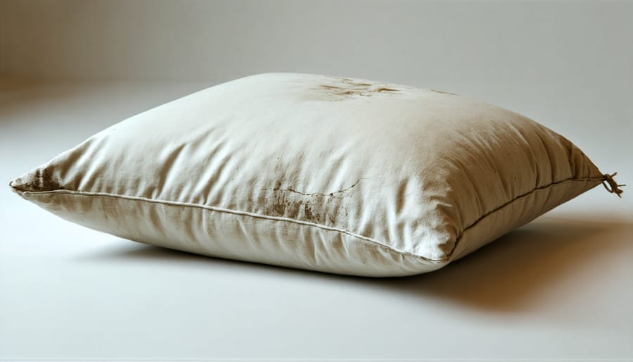 Four examples of pillows showing signs they need replacement: lumps, yellowing, permanent fold marks, and loss of support