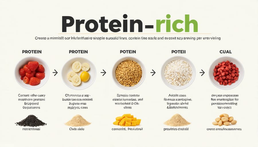 Visual comparison of protein content in various food sources including meat, fish, eggs, and plant-based options