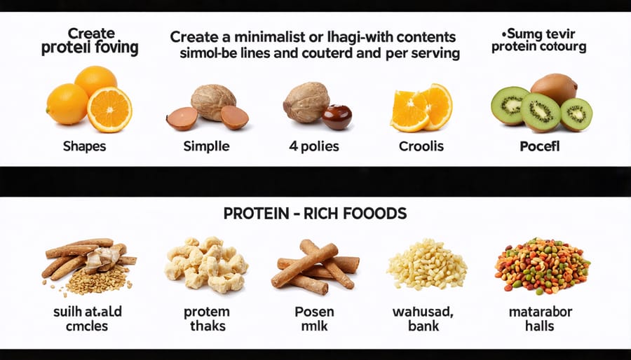 Visual comparison of protein content in various food sources including meat, fish, eggs, and plant-based options