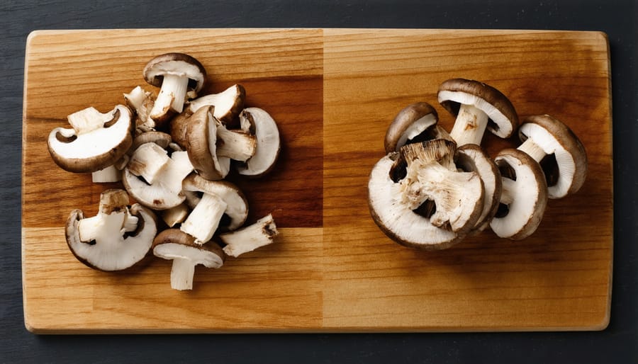 Fresh raw mushrooms on one side and grilled mushrooms on the other side of a wooden board, showing the visual differences in texture and color