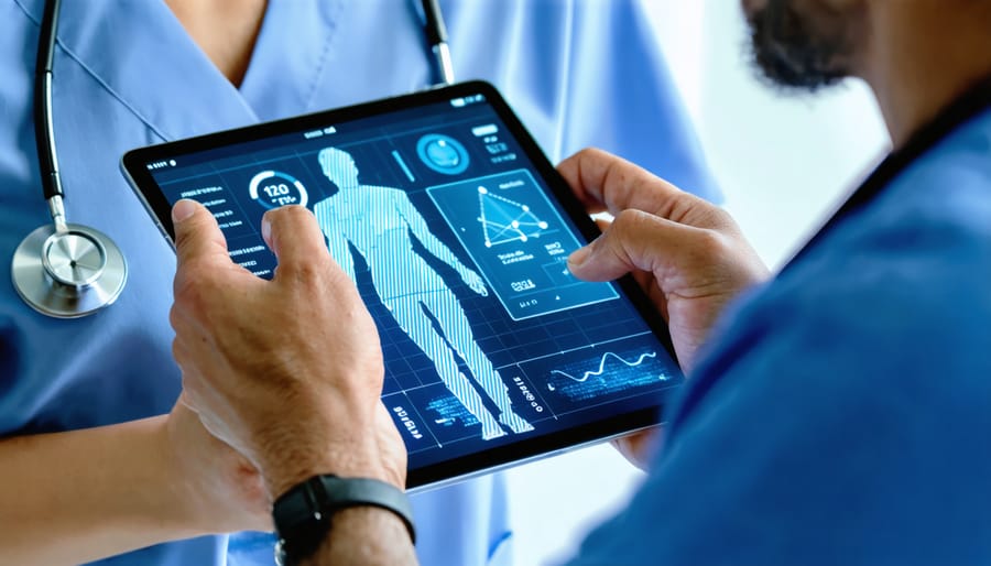 Doctor analyzing wearable health data during virtual consultation with patient