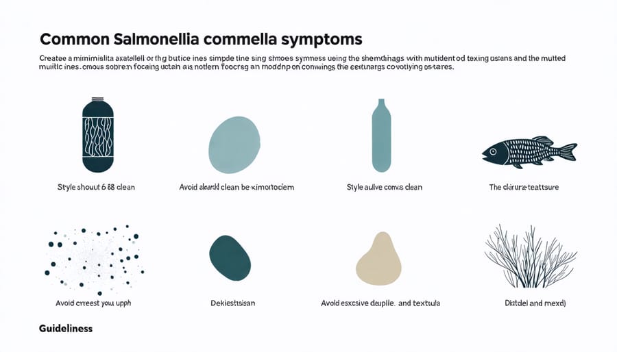 Medical illustration showing key symptoms of Salmonella infection including fever, stomach cramps, and nausea