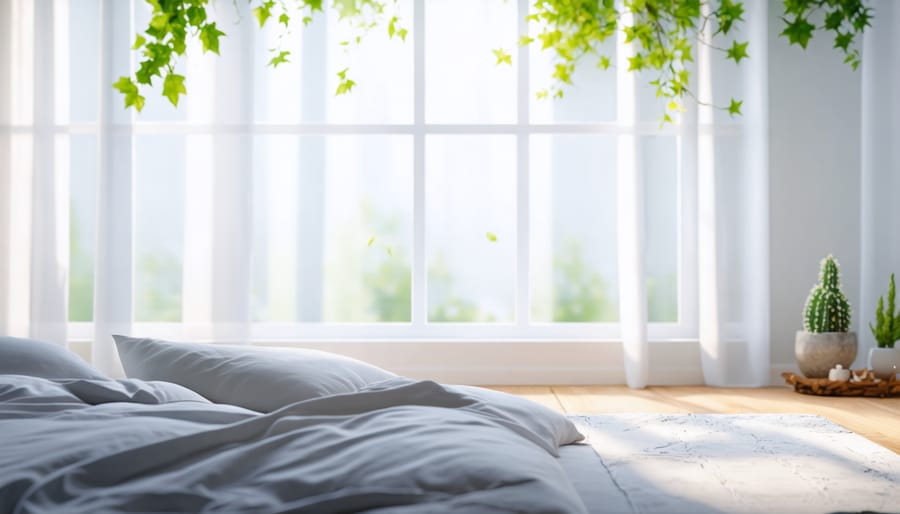 Well-organized bedroom featuring soft lighting, plants, and calm blue tones for better sleep