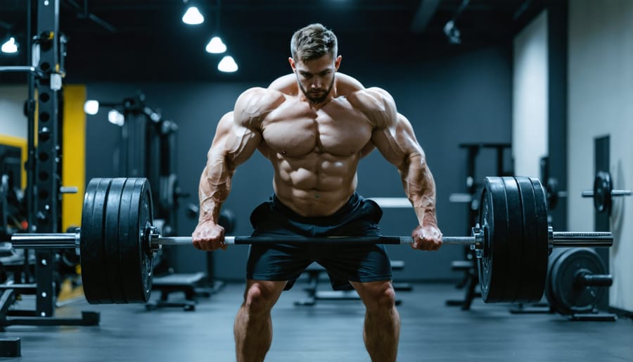 Athletic man performing compound strength training exercise with proper form