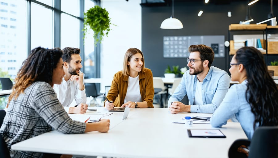 Diverse group of professionals having a collaborative meeting in a welcoming office environment