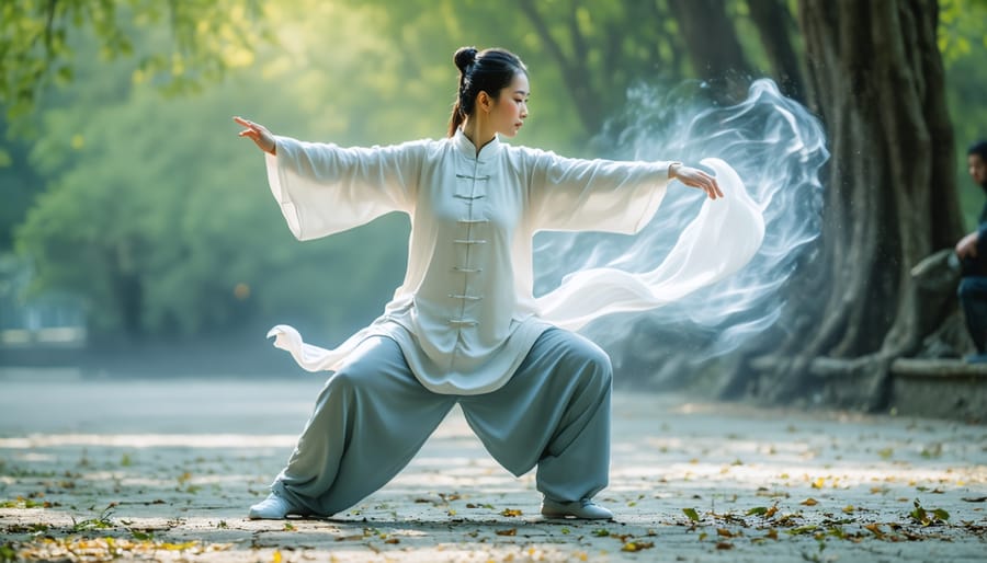 Individual performing graceful Tai Chi movements in a peaceful garden