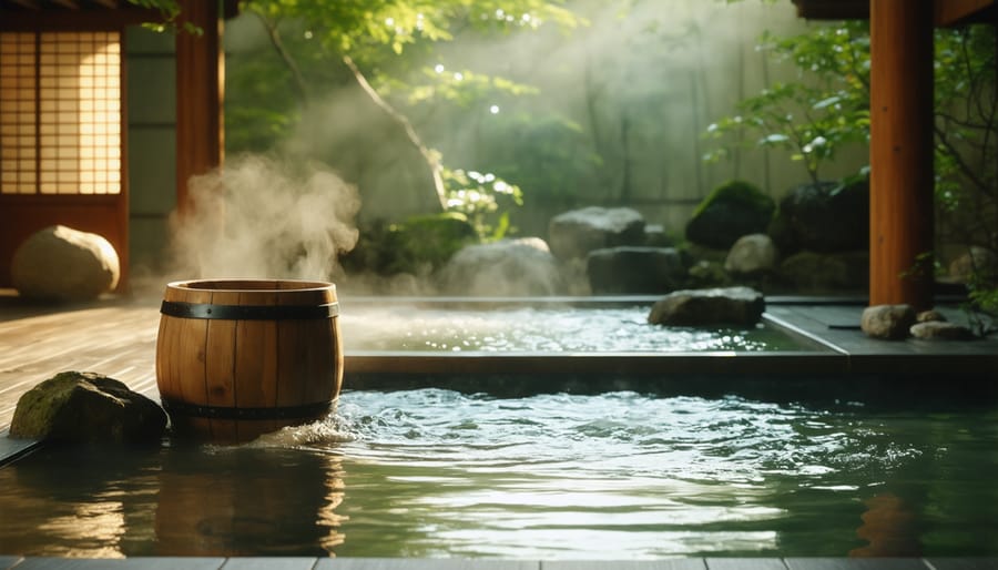 Traditional Japanese ofuro bath with wooden elements and natural bath accessories