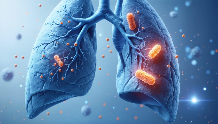 Cross-sectional view of lungs showing tuberculosis infection and bacterium close-up