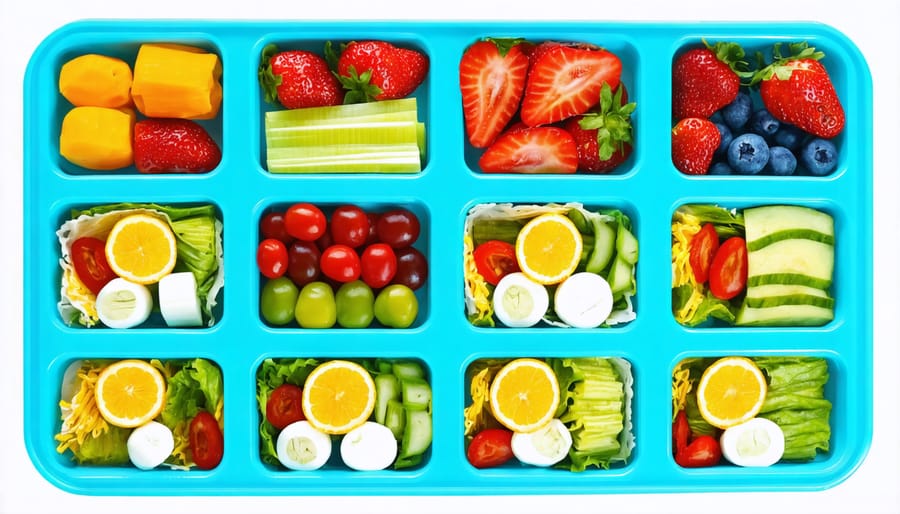 Five meal prep containers displaying balanced portions of protein, vegetables, and grains