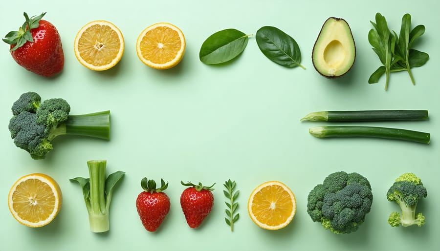 Overhead view of foods rich in iron, B12, and omega-3s including leafy greens, nuts, seeds, and fish