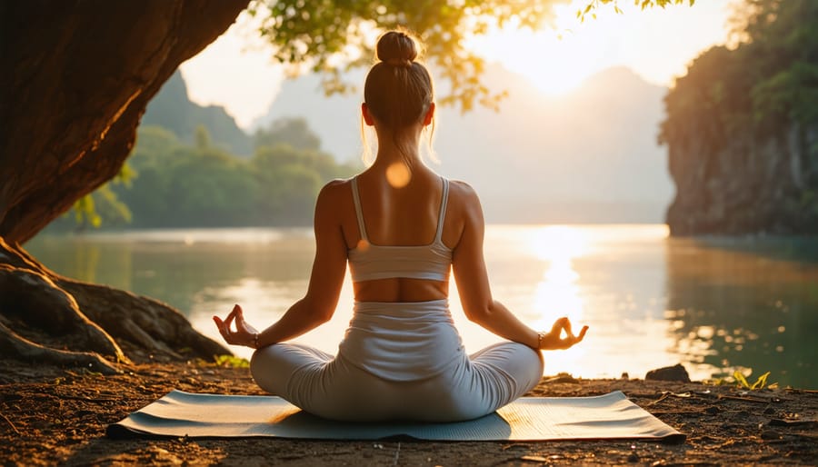 Woman in relaxed meditation pose on yoga mat during sunrise, demonstrating mindful wellness practices