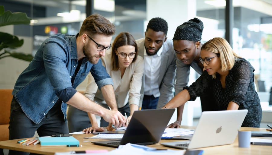 Diverse team of professionals collaborating at a modern office workspace with positive body language and engagement