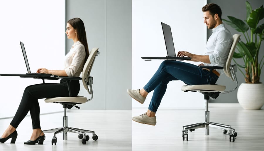 Comparison of healthy and unhealthy workplace habits showing proper versus improper desk ergonomics and work practices