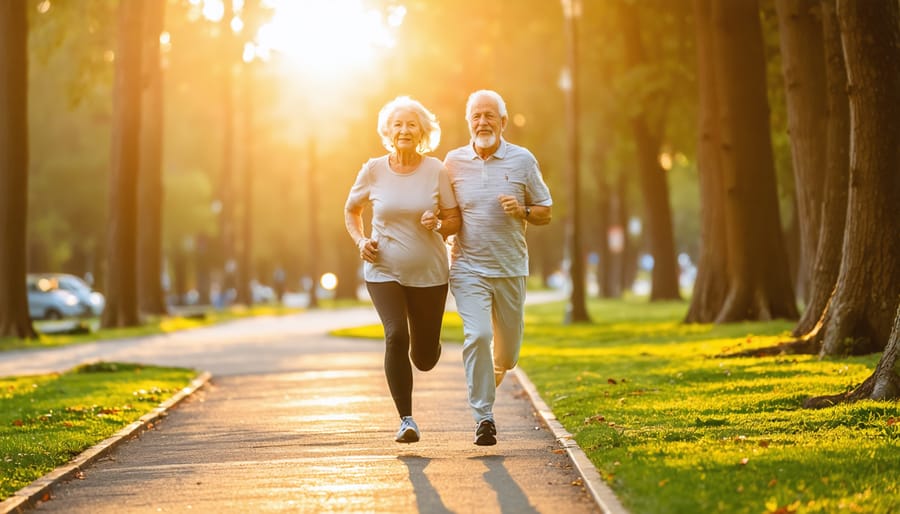 Mature couple exercising together outdoors, wearing athletic clothing and running shoes