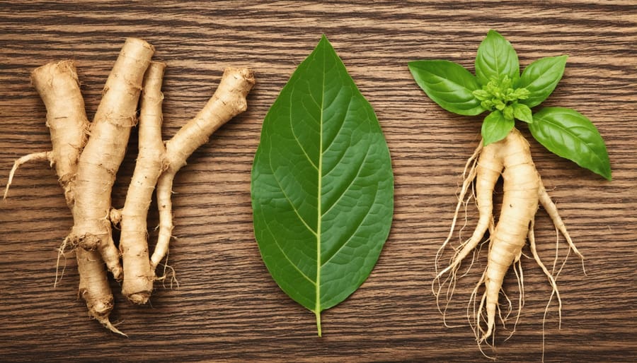 Various adaptogenic herbs used in men's hormone-balancing tea laid out on a wooden table