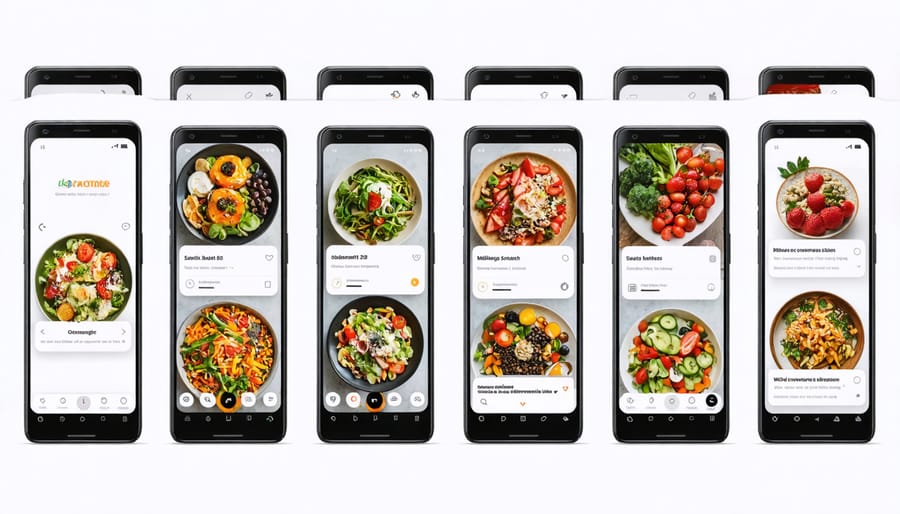 Screenshots of AI nutrition applications displayed on smartphones and tablets