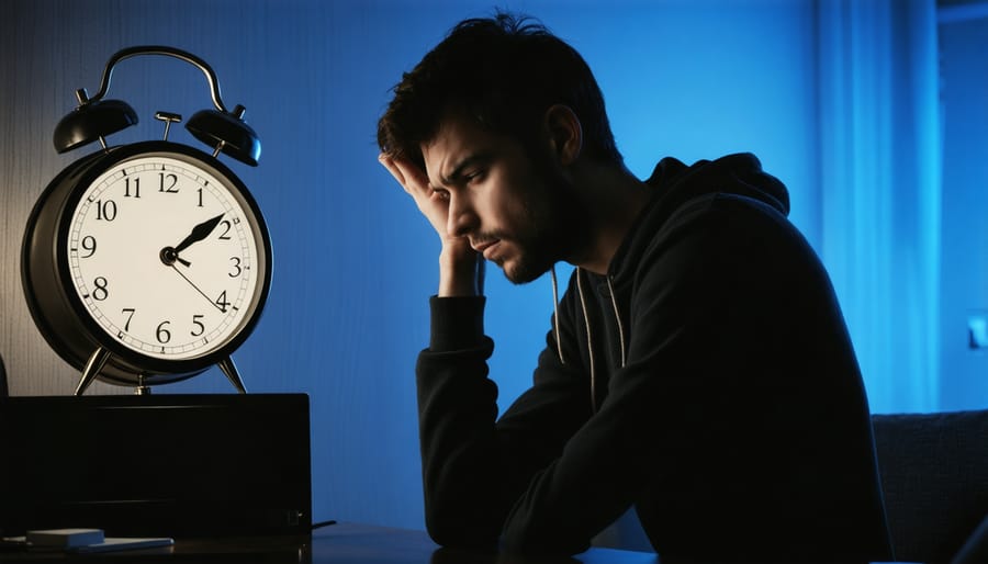 Stressed person checking time at night, showing signs of anxiety and sleep deprivation