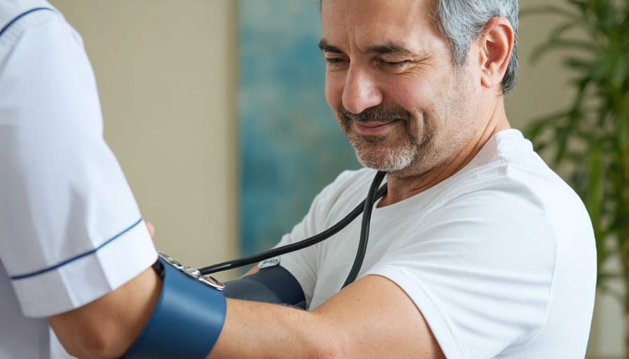 Healthcare professional measuring blood pressure of a male patient in his 40s