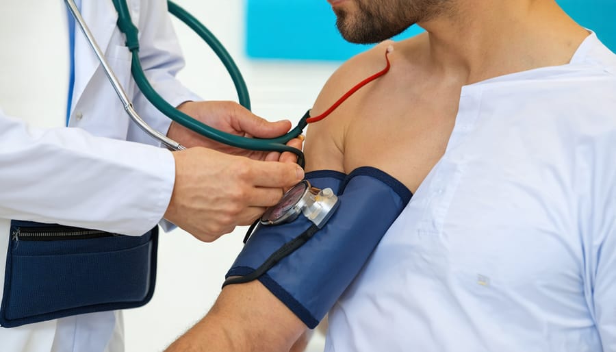 Healthcare provider checking blood pressure of a man in his twenties