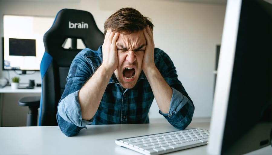 Individual holding their head while struggling to focus on computer screen, illustrating cognitive difficulties